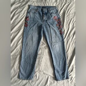 Lucky Brand Blue Straight Leg Jeans with Red Floral Design